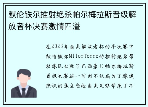 默伦铁尔推射绝杀帕尔梅拉斯晋级解放者杯决赛激情四溢